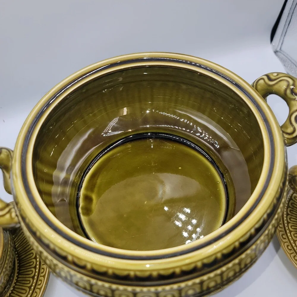 Vintage Olive Green Ceramic Soup Tureen Set with Warmer 4 Bowls and Saucers MCM